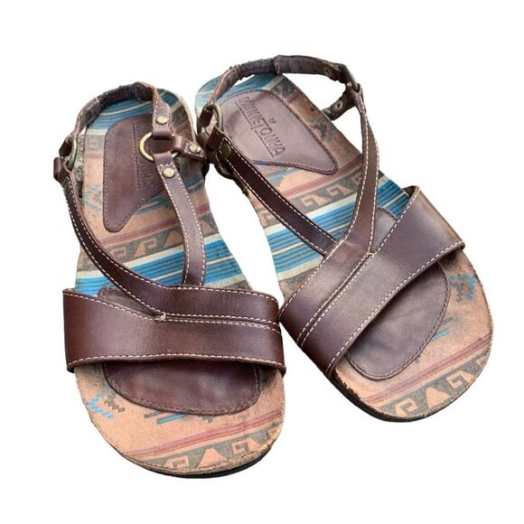 Minnetonka Strappy Aztec Print Brown Leather Comfort Sandals Women’s size 7 - Picture 1 of 15